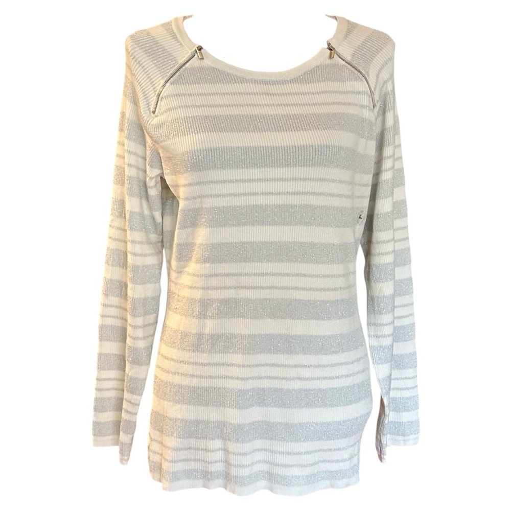 NY & Company‎ Metallic Striped Zipper Scoop Neck Ribbed Sweater SZ XL NEW